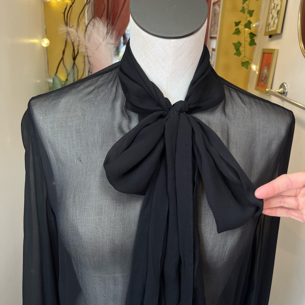 Saint Laurent Paris Silk Sheer Long Sleeve Button Down with Bow - Picture 3 of 15